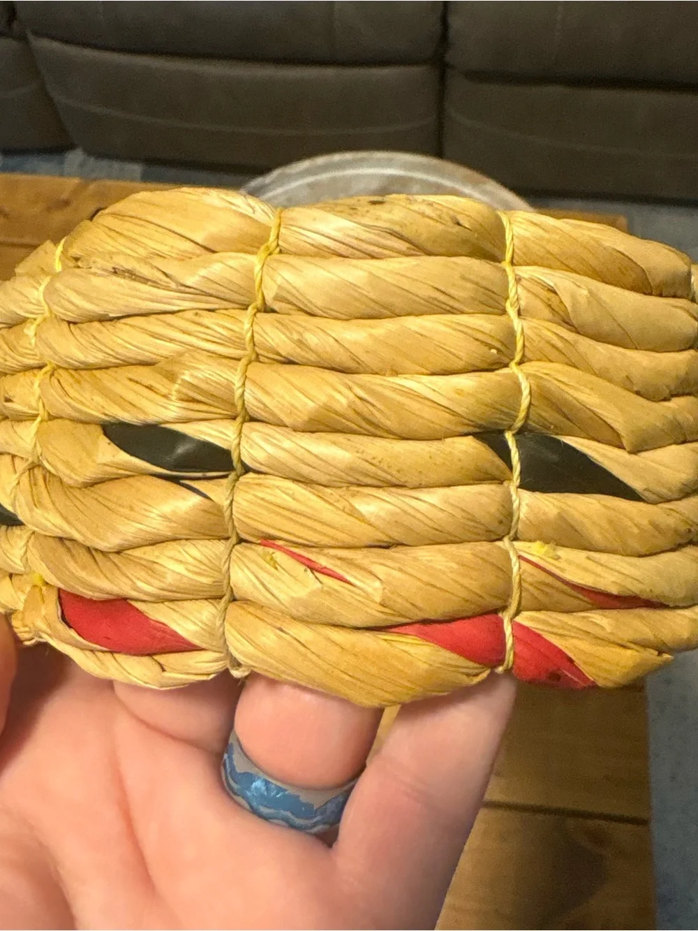 Rope  basket handmade coiled 6” black and red accents